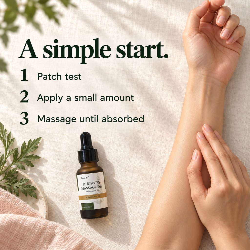 DemiBu Mugwort Massage Oil and a forearm massage scene with three directions: patch test, apply a small amount, and massage until absorbed.
