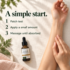 DemiBu Mugwort Massage Oil and a forearm massage scene with three directions: patch test, apply a small amount, and massage until absorbed.
