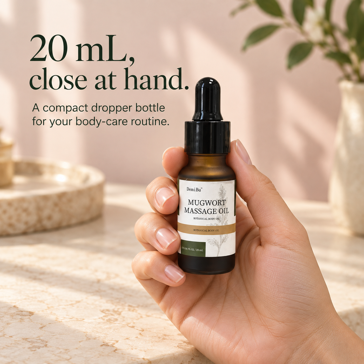 A hand holding the small 20 mL DemiBu Mugwort Massage Oil bottle.