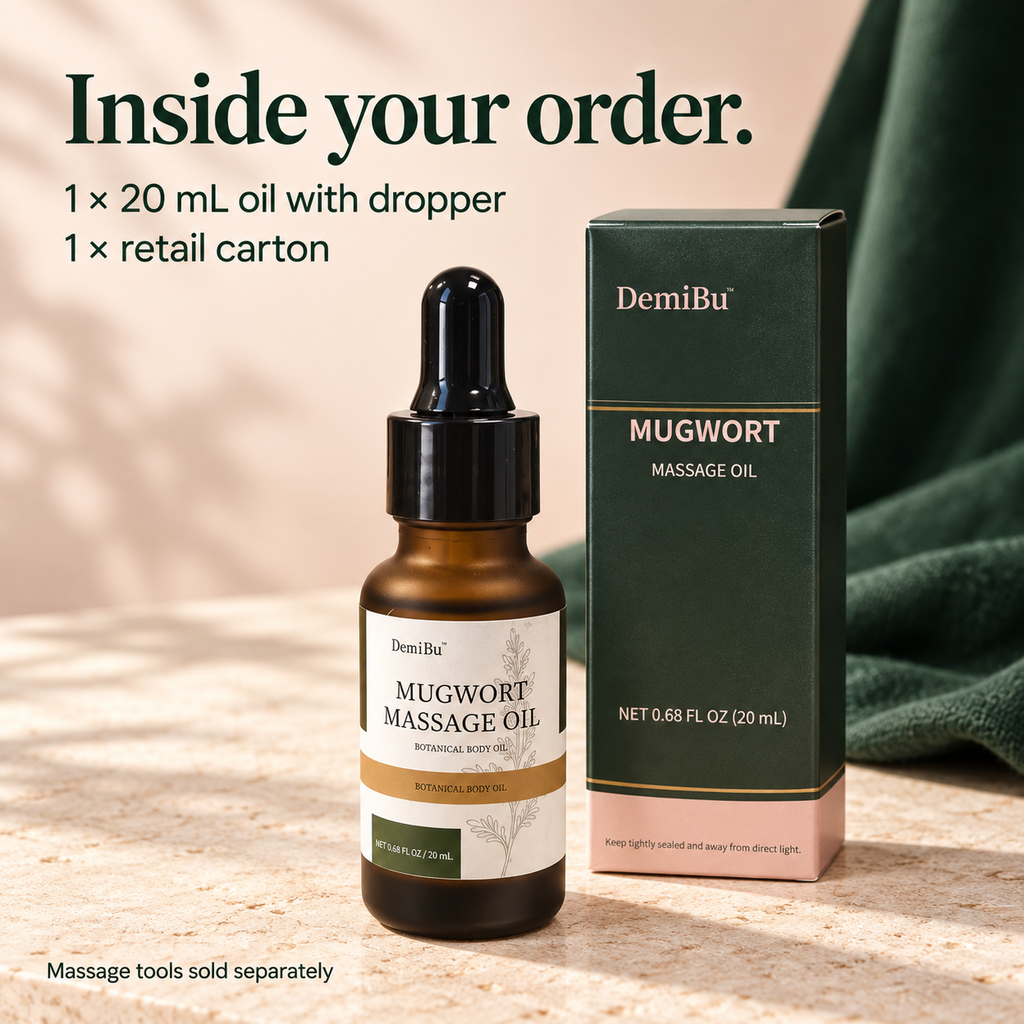 One DemiBu Mugwort Massage Oil bottle with black dropper beside its deep-green and blush retail carton.