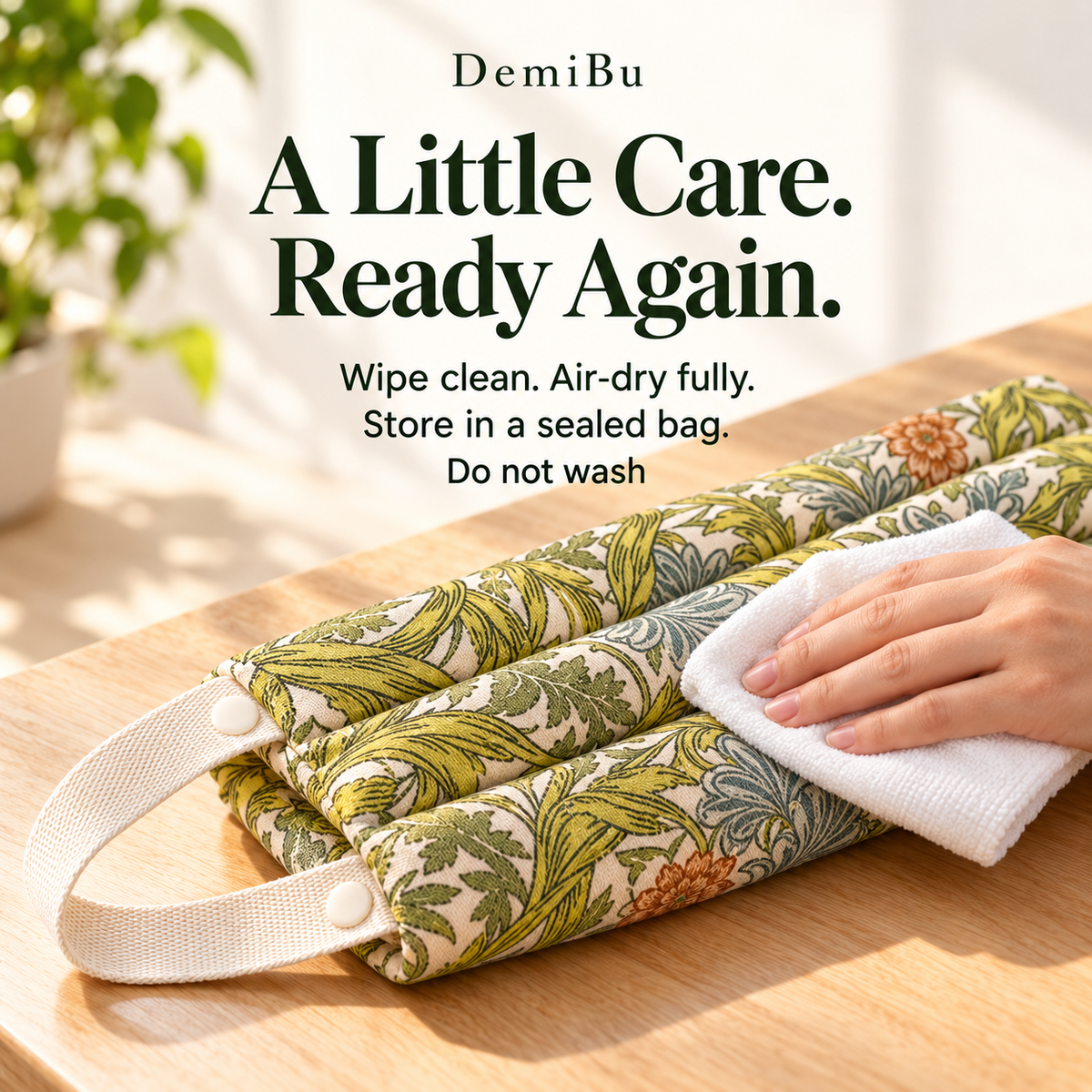 A Little Care. Ready Again. - wipe clean, air-dry fully, store in sealed bag, do not wash