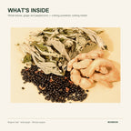 Whole mugwort leaves, ginger pieces and Sichuan peppercorns, nothing powdered, nothing hidden