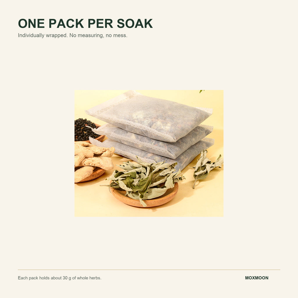 Individually wrapped foot soak packs, one pack per soak, no measuring, no mess