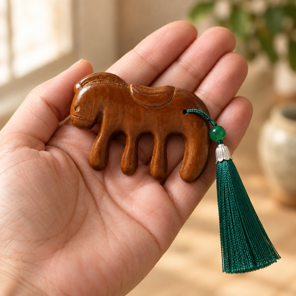 The horse comb held in an open palm, its green silk tassel hanging below.