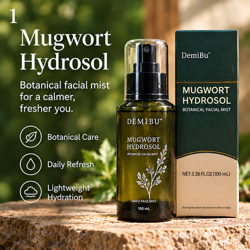 DemiBu Mugwort Hydrosol 100 mL bottle and carton in a botanical promotional scene