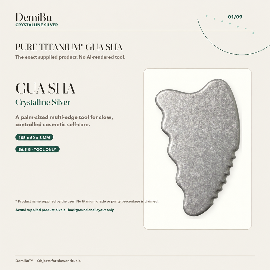 DemiBu titanium gua sha in a bright natural silver-gray crystalline finish