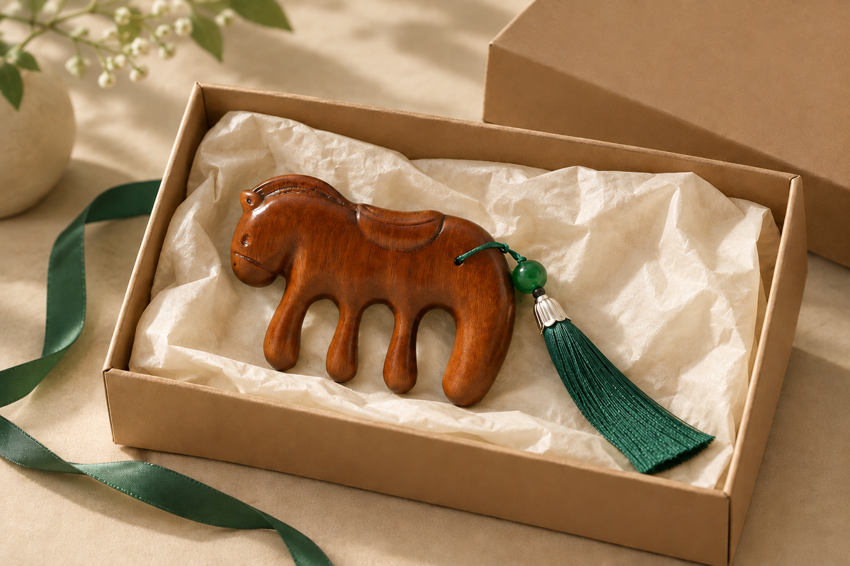 The sandalwood horse comb lying in an open kraft gift box with cream tissue and a green ribbon.