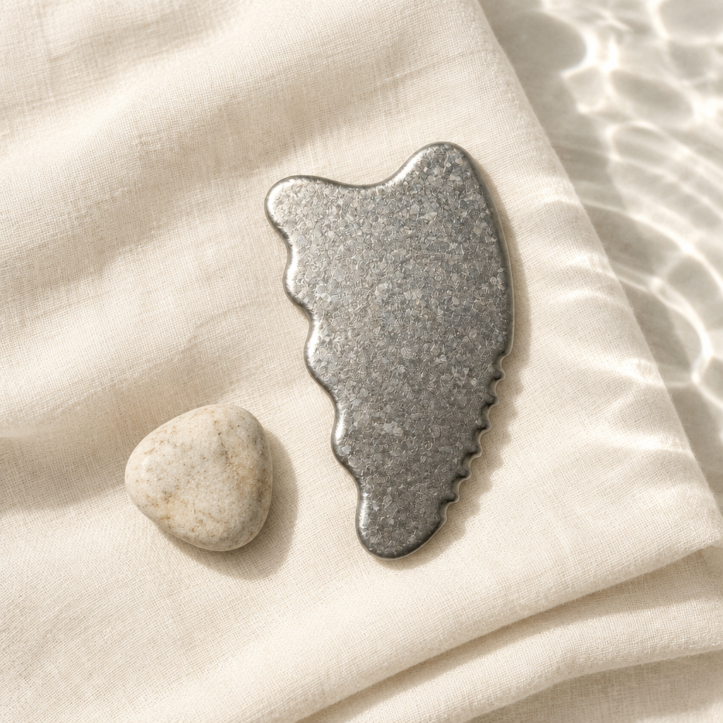 Light silver-gray titanium gua sha on ivory linen in a minimal editorial still life