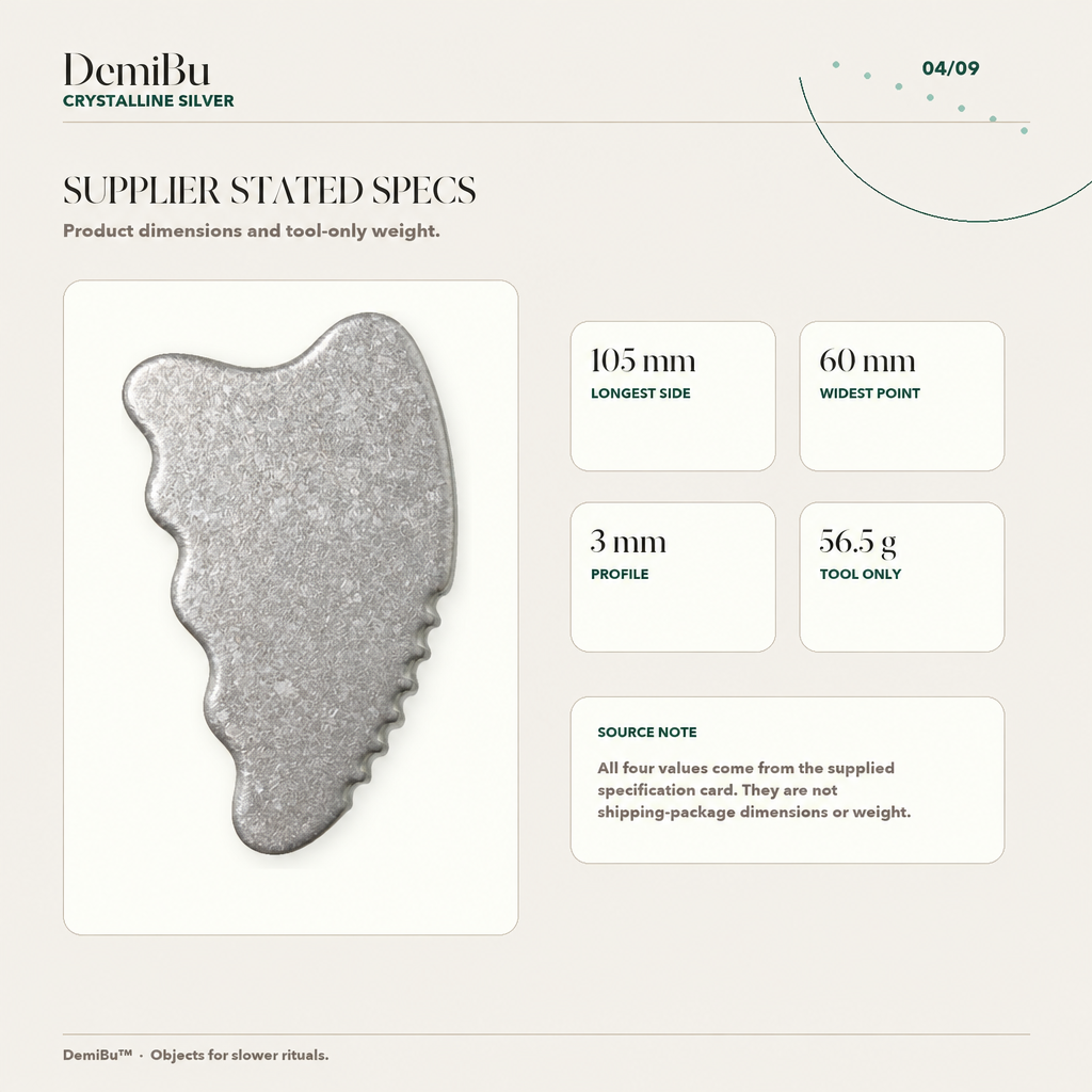 Crystalline Silver titanium gua sha with product dimensions and weight