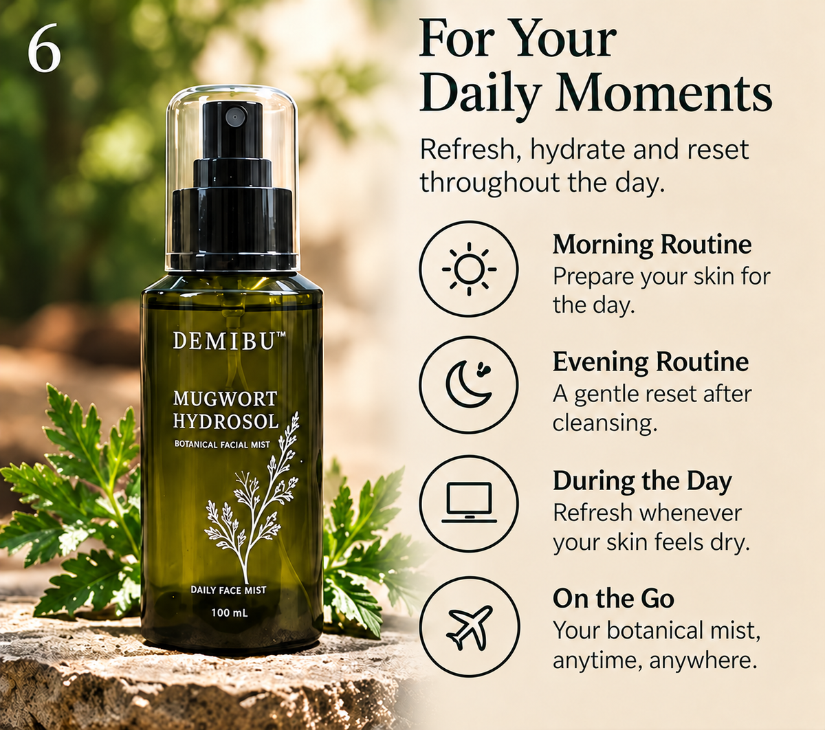 DemiBu Mugwort Hydrosol bottle beside suggested daily routine moments