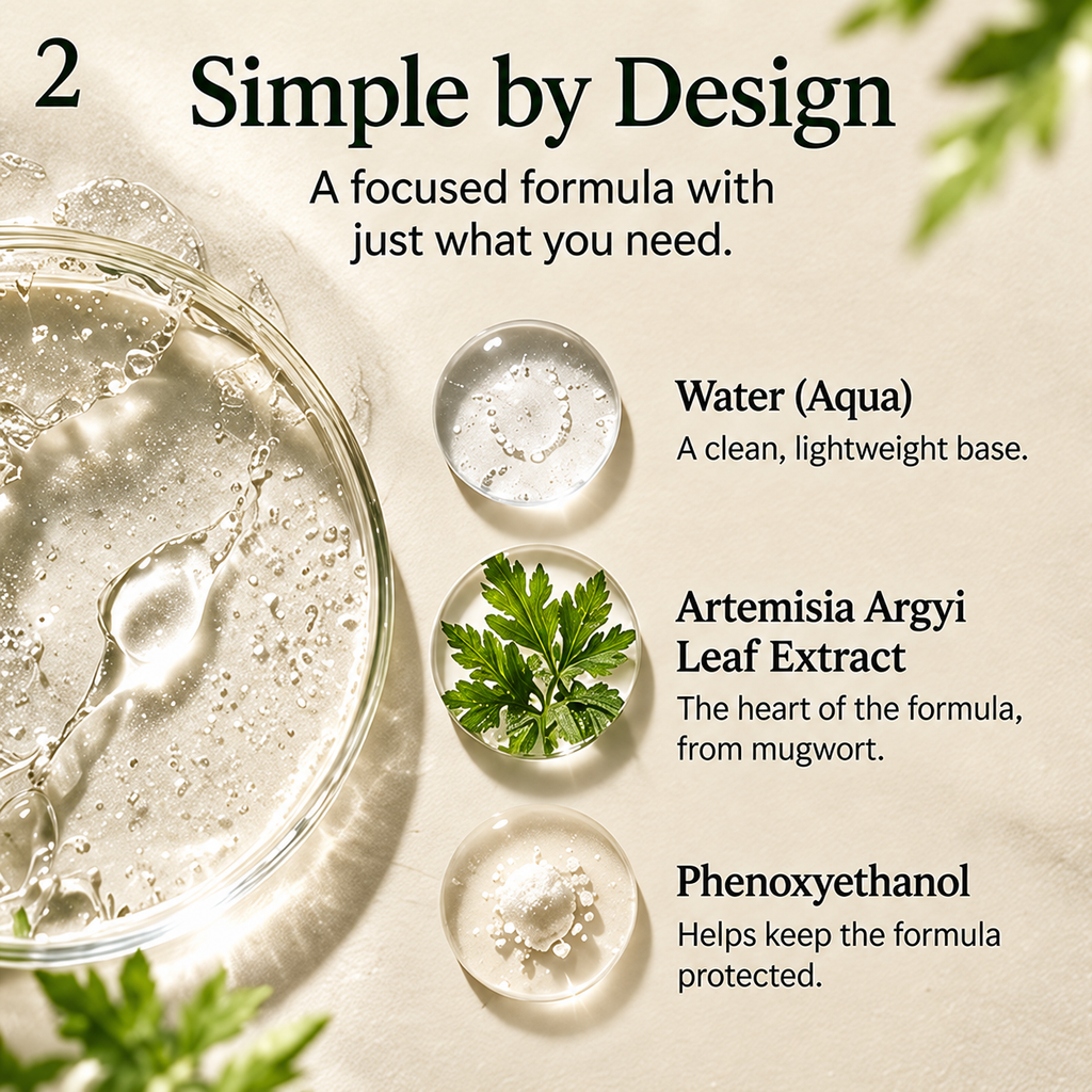 Graphic showing the three carton-listed ingredients of DemiBu Mugwort Hydrosol