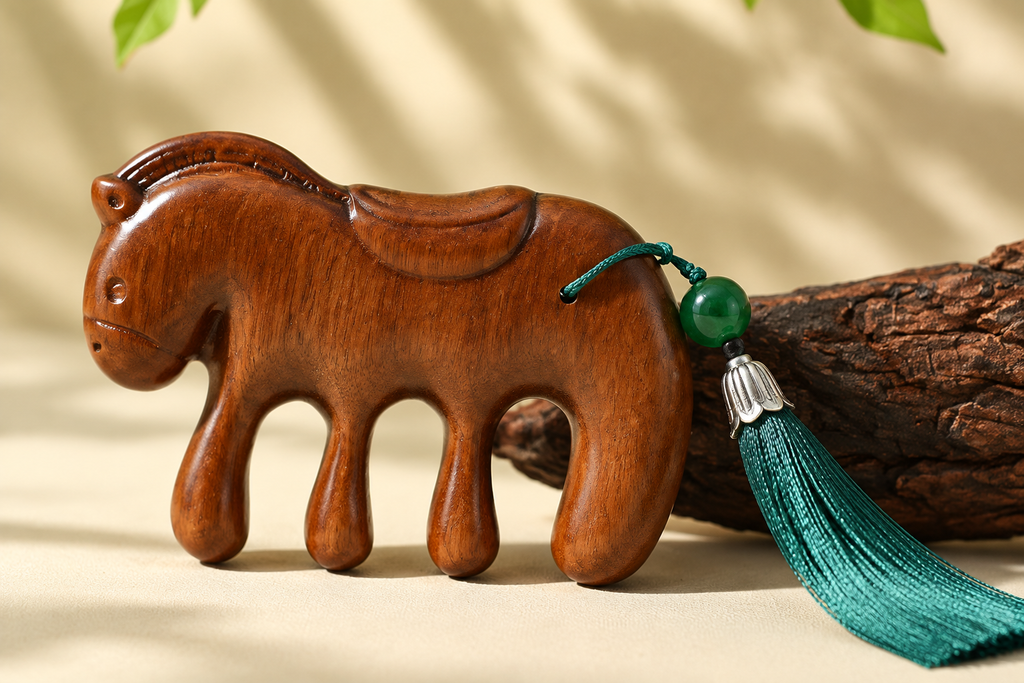 Close view of the sandalwood horse comb and its green silk tassel resting against a piece of bark.