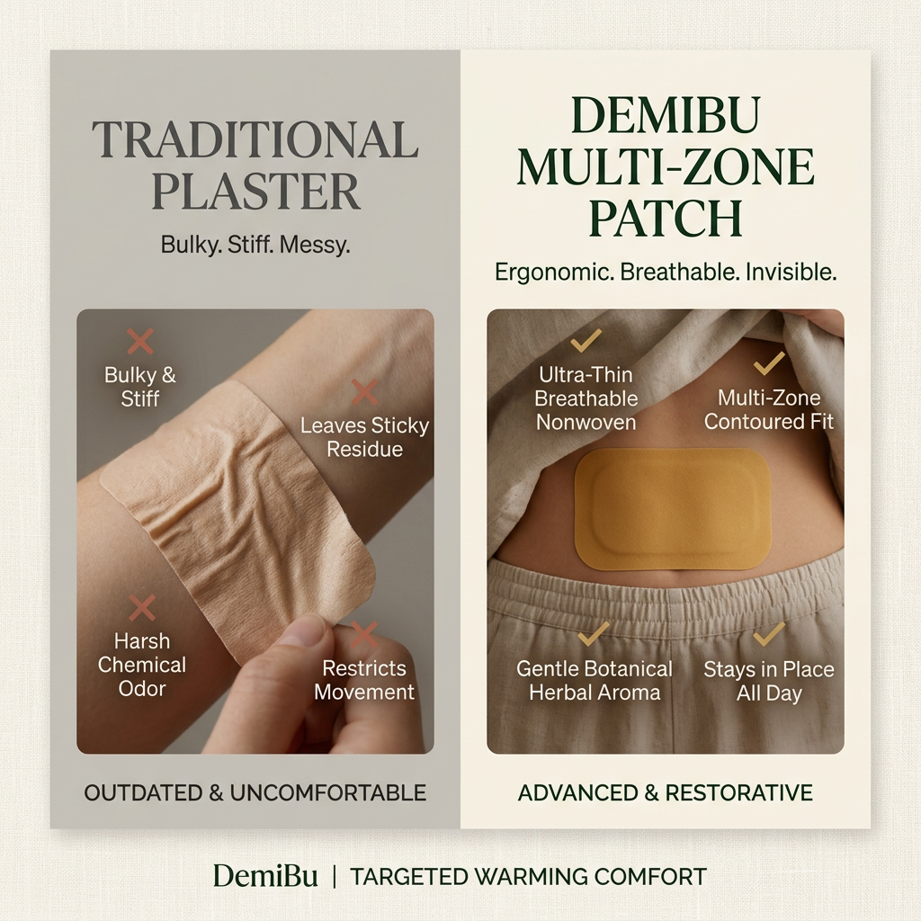 DemiBu Multi-Zone Patch vs Traditional Plaster Infographic Comparison Poster - Warm Palette