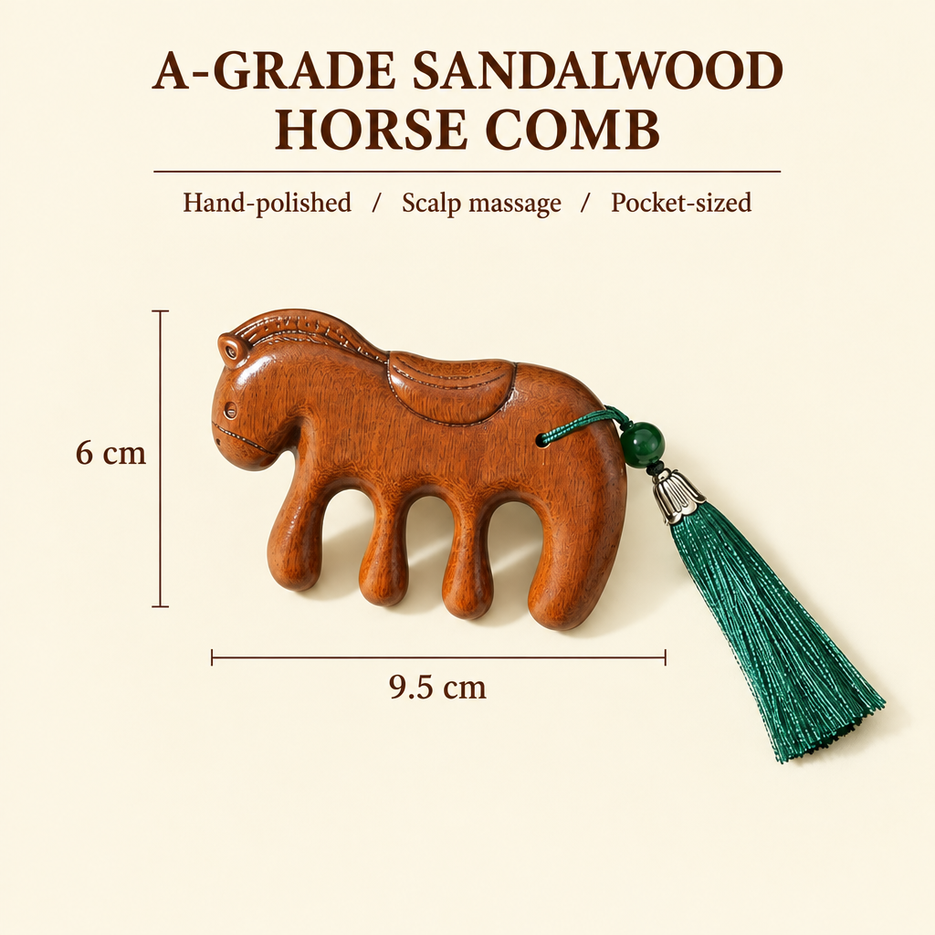 Size diagram of the sandalwood horse comb: 9.5 cm wide by 6 cm tall, hand-polished, pocket-sized.