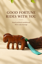 Sandalwood horse comb with green tassel under the headline Good Fortune Rides With You.