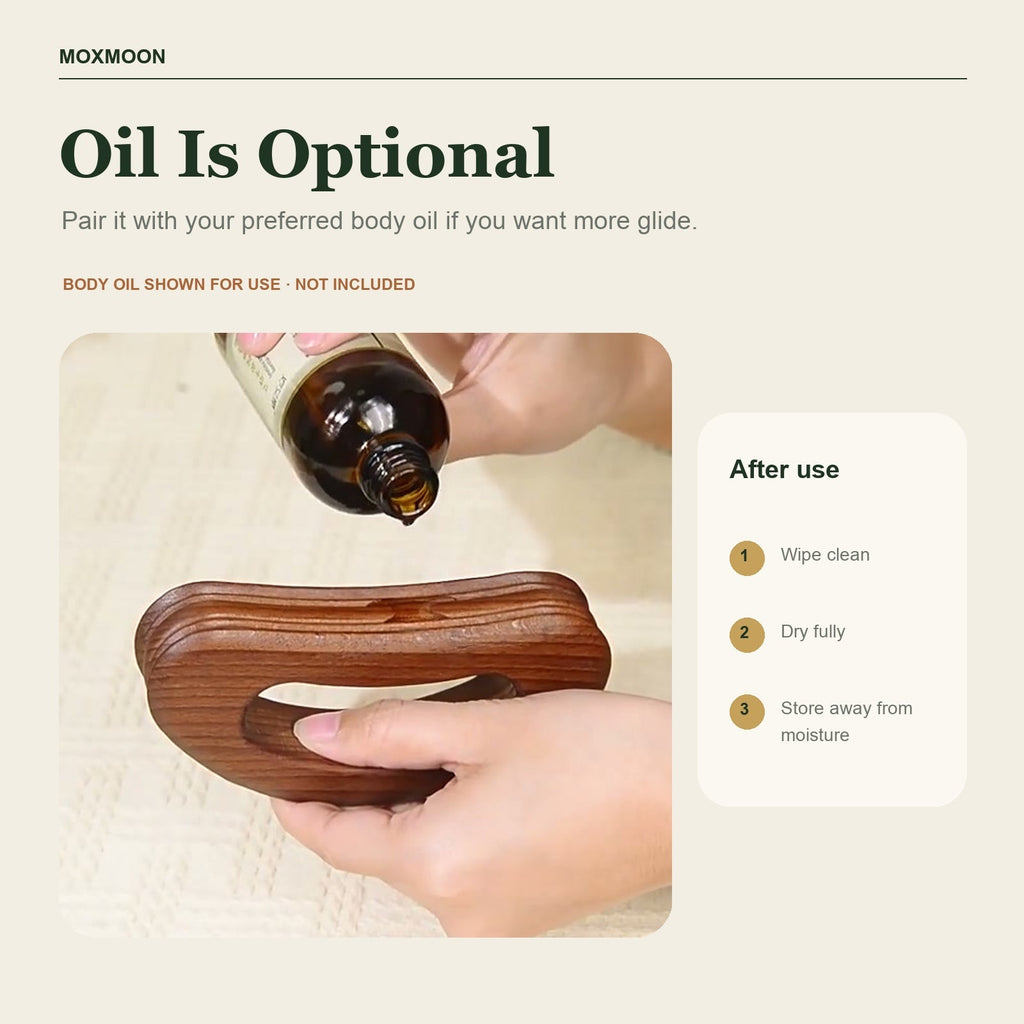 Optional body oil shown with a carbonized beech wood body board