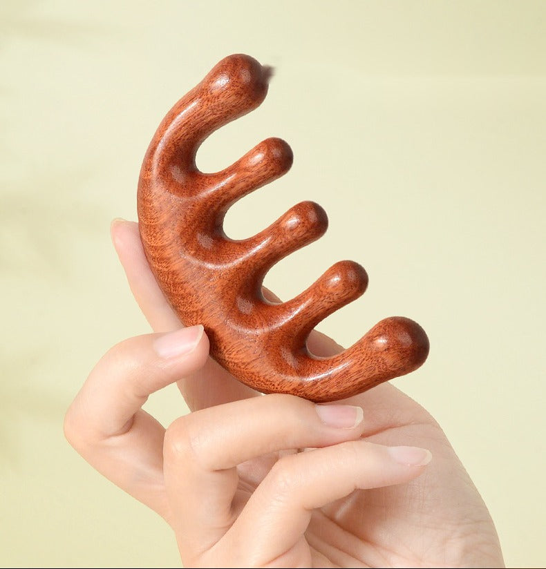 Hand holding a solid-wood five-tooth scalp massage comb by Moxmoon