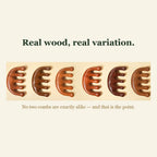 Six wooden scalp combs showing natural grain and color variation