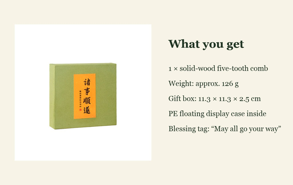 Five-tooth wooden comb gift box with contents and size details