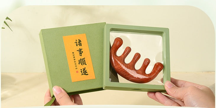 Five-tooth wooden comb in mint gift box with floating display case