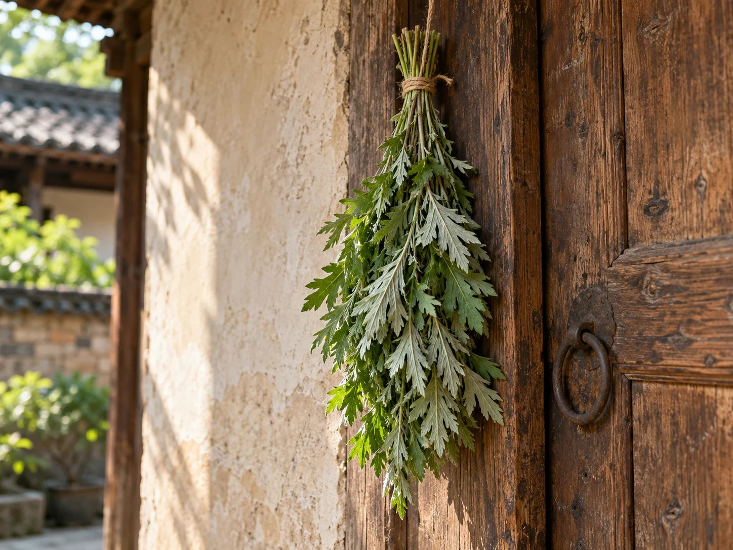 Traditional doorway with wild-harvested herbs